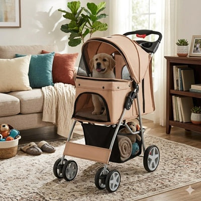 Poussette chien beige double compartiment intérieur salon panier rangement