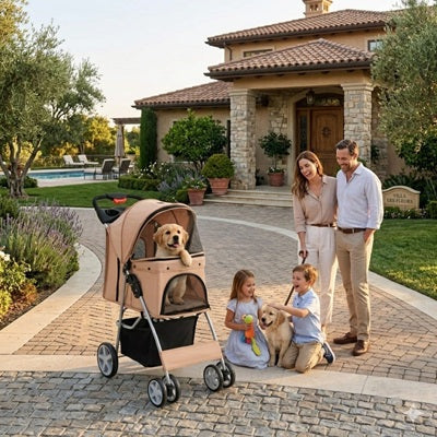 Poussette chien beige famille villa jardin Golden Retriever enfants