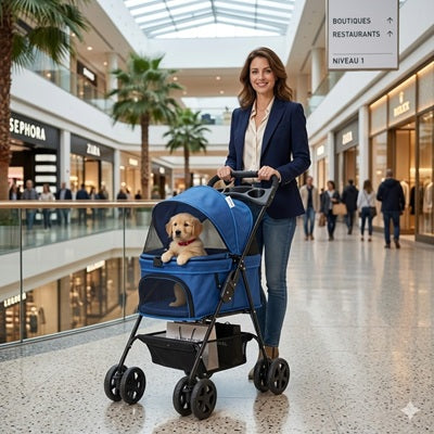 poussette chien bleu chiot golden retriever centre commercial