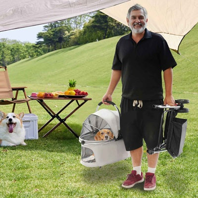poussette pour chien pliable camping homme corgi gris