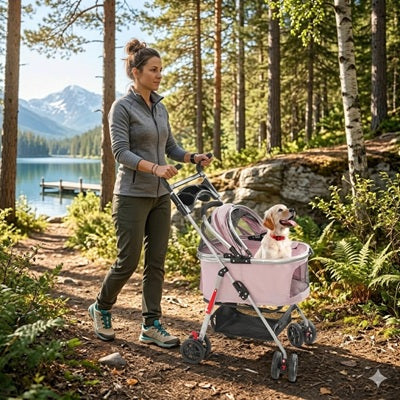 poussette pour chien pliable forêt lac femme randonnée