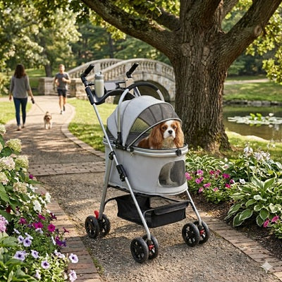 poussette pour chien pliable parc fleuri cavalier grise