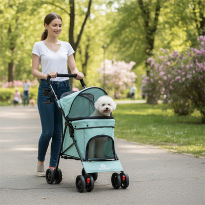 poussette pour chien verte femme marche allée bichon printemps
