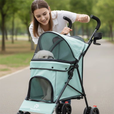 poussette pour chien verte femme promenade bichon parc
