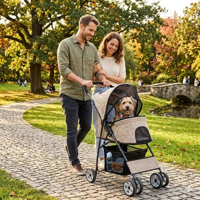 Poussettes pour chiens beige couple parc automne pont terrier promenade