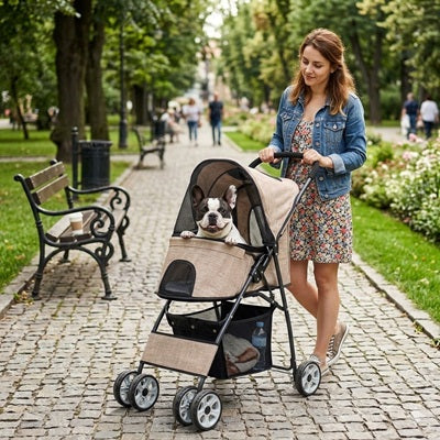 Poussettes pour chiens beige femme parc allée bouledogue français pavé