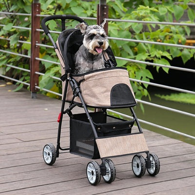 Poussettes pour chiens beige schnauzer terrasse bois pliable léger