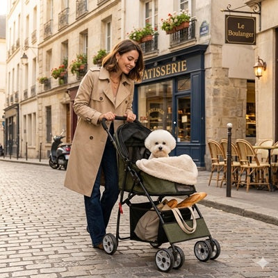 Poussettes pour chiens kaki Paris rue pâtisserie bichon femme élégant