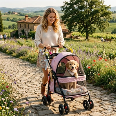 poussettes pour chiens rose golden retriever promenade campagne toscane