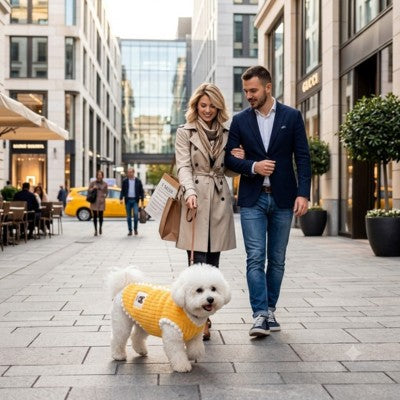 Pull chien bichon jaune promenade ville couple élégant