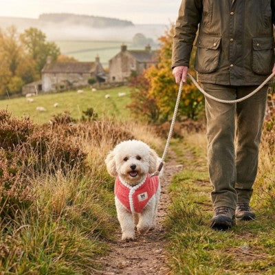 Pull chien bichon rouge corail randonnée campagne brume laisse