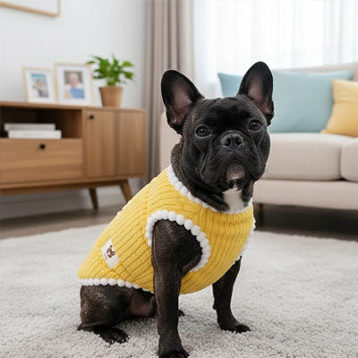 Pull chien bouledogue noir tricot jaune pompons blancs tapis
