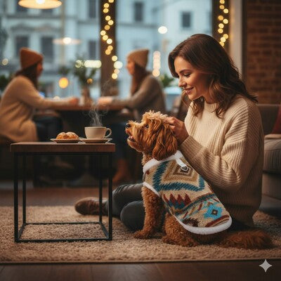 pull chien polaire cafe lifestyle yorkshire hiver urbain confort tendresse moment