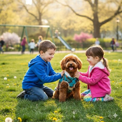 pull chien polaire enfants parc printemps caniche jeu bonheur famille exterieur