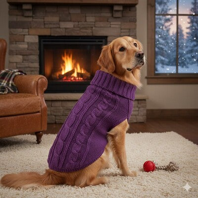 pull pour chien violet tricote cheminee hiver golden retriever confort chaleur