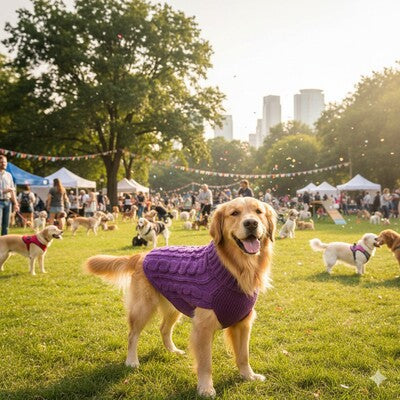 pull pour chien violet tricote golden retriever parc exterieur heureux