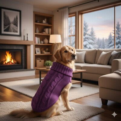 pull pour chien violet tricote salon cheminee hiver golden retriever confort elegant