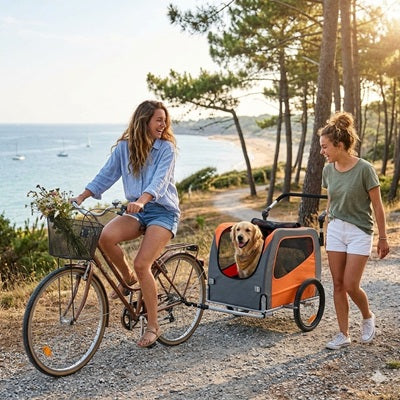 Remorque à vélo pour chien amies sentier bord de mer golden