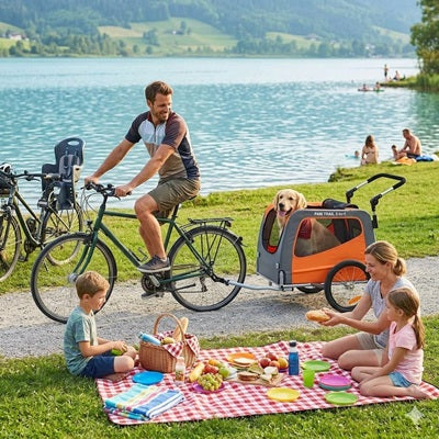 Remorque à vélo pour chien famille pique nique lac montagne