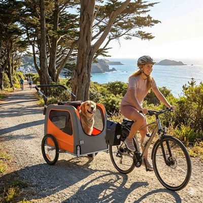 Remorque à vélo pour chien femme casque falaise océan golden