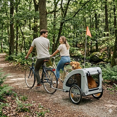 remorque chien pour vélo couple golden retriever forêt sous bois