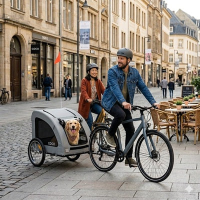 remorque chien pour vélo couple ville golden retriever rue pavée