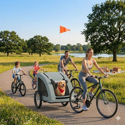 remorque chien pour vélo famille parc ensoleillé golden retriever