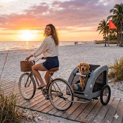 remorque chien pour vélo femme plage golden retriever coucher soleil