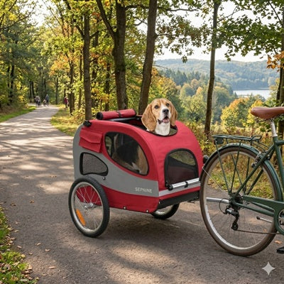 Remorque chien vélo beagle rouge forêt automne piste cyclable lac nature