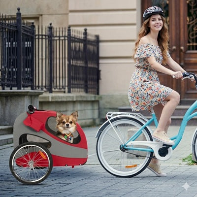 Remorque chien vélo chihuahua rouge femme robe ville pavé petit chien