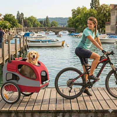 Remorque chien vélo golden retriever rouge femme quai port ville été