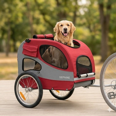 Remorque chien vélo golden retriever rouge gros chien parc terrasse bois