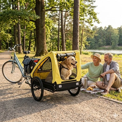 Remorque chien vélo jaune golden retriever couple pique-nique forêt