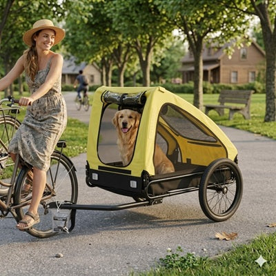 Remorque chien vélo jaune golden retriever femme robe parc été