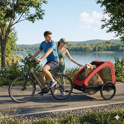 Remorque chien vélo rouge golden retriever couple lac balade sportive
