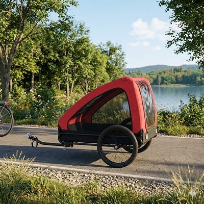Remorque chien vélo rouge piste cyclable lac nature attache vélo