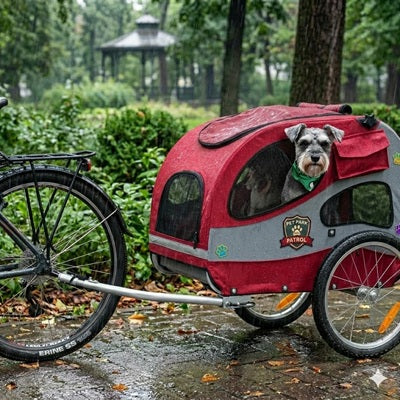 Remorque chien vélo schnauzer rouge parc pluie balade sécurité confort aventure