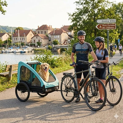 Remorque chien vélo turquoise golden retriever couple piste cyclable village