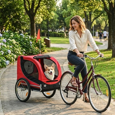 Remorque chiens vélo rouge corgi femme parc balade urbaine
