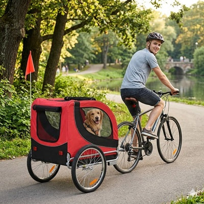 Remorque chiens vélo rouge golden retriever homme casque parc