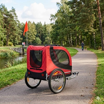Remorque chiens vélo rouge vide sentier forêt drapeau sécurité