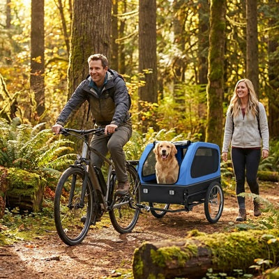 Remorque pour chien vélo couple forêt automne golden retriever