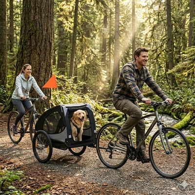 remorque pour chien vélo couple forêt sentier golden retriever soleil