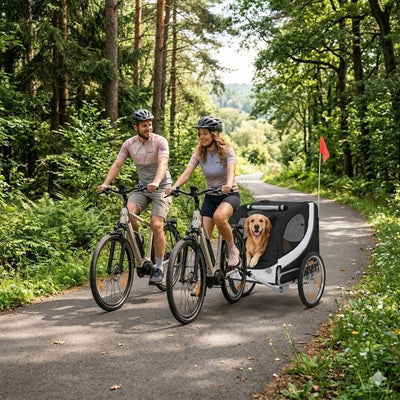 remorque pour chien vélo couple golden retriever forêt sentier