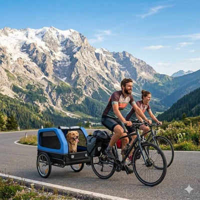 Remorque pour chien vélo couple montagne Alpes golden retriever
