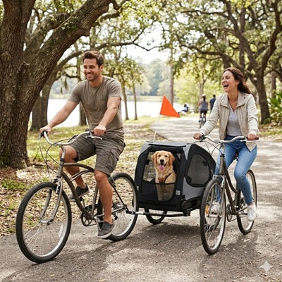 remorque pour chien vélo couple parc allée arbres golden retriever