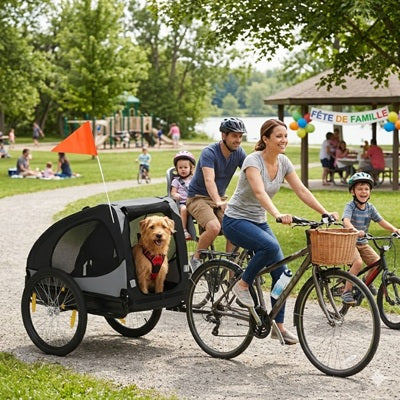 remorque pour chien vélo famille fête parc terrier roux enfants