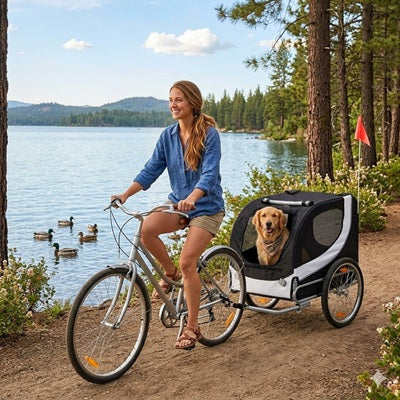 remorque pour chien vélo femme golden retriever bord lac canards