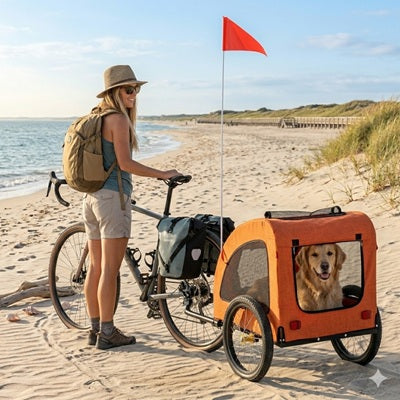 Remorque pour chien vélo femme plage sable golden retriever