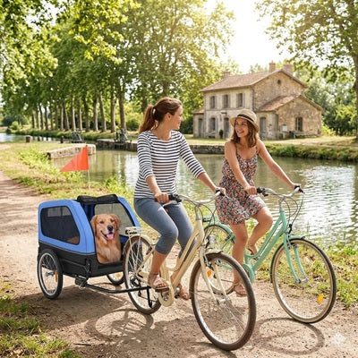 Remorque pour chien vélo golden deux femmes canal campagne France